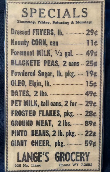 At left, a typical weekly specials advertisement in the Fredericksburg Standard featuring fresh fryers for 29 cents per pound.