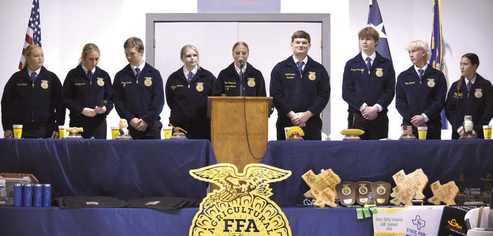 This year’s Fredericksburg High School FFA officers ran Wednesday’s end-of-year banquet at the Gillespie County Farm Bureau. From left, Hadley Maner, Jorie Jenschke, Brodie Roeder, Cassidy Kothmann, Nora Schoessow, Audie Usener, Greyson Crenwelge, Tripp Barnett and Lily Hickman.