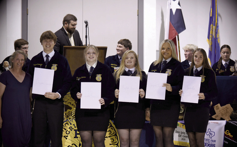 Five graduating seniors were awarded scholarships from the Fredericksburg FFA Booster Club. From left, Booster Club member Jessica Burrow, Greyson Crenwelge, Cassidy Kothmann, Rayleigh Beyer, Jaycee Treibs and Jacquelyn Reeh.