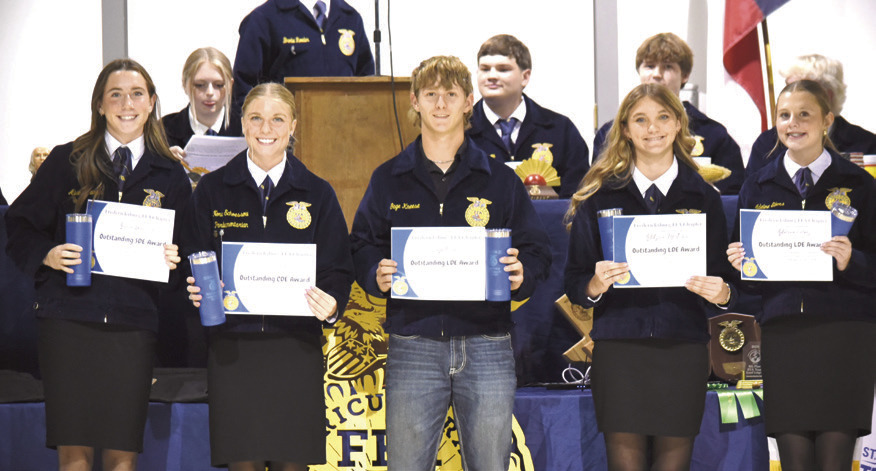 Five students were given awards for being the highest placing individual at the highest level of competition in Career, Leadership and Speaking Development Events. From left, Alison Weirich (Outstanding SDE Award), Nora Schoessow (Outstanding CDE Award), Gage Kneese (Outstanding LDE Award), Addison McPhail (Outstanding LDE Award) and Adeline Eilers (Outstanding LDE Award).